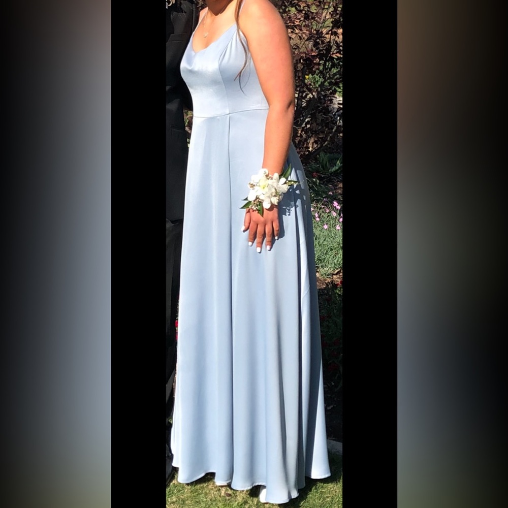 David’s Bridal, dusty blue satin elegant and classy dress. Weddings , Prom